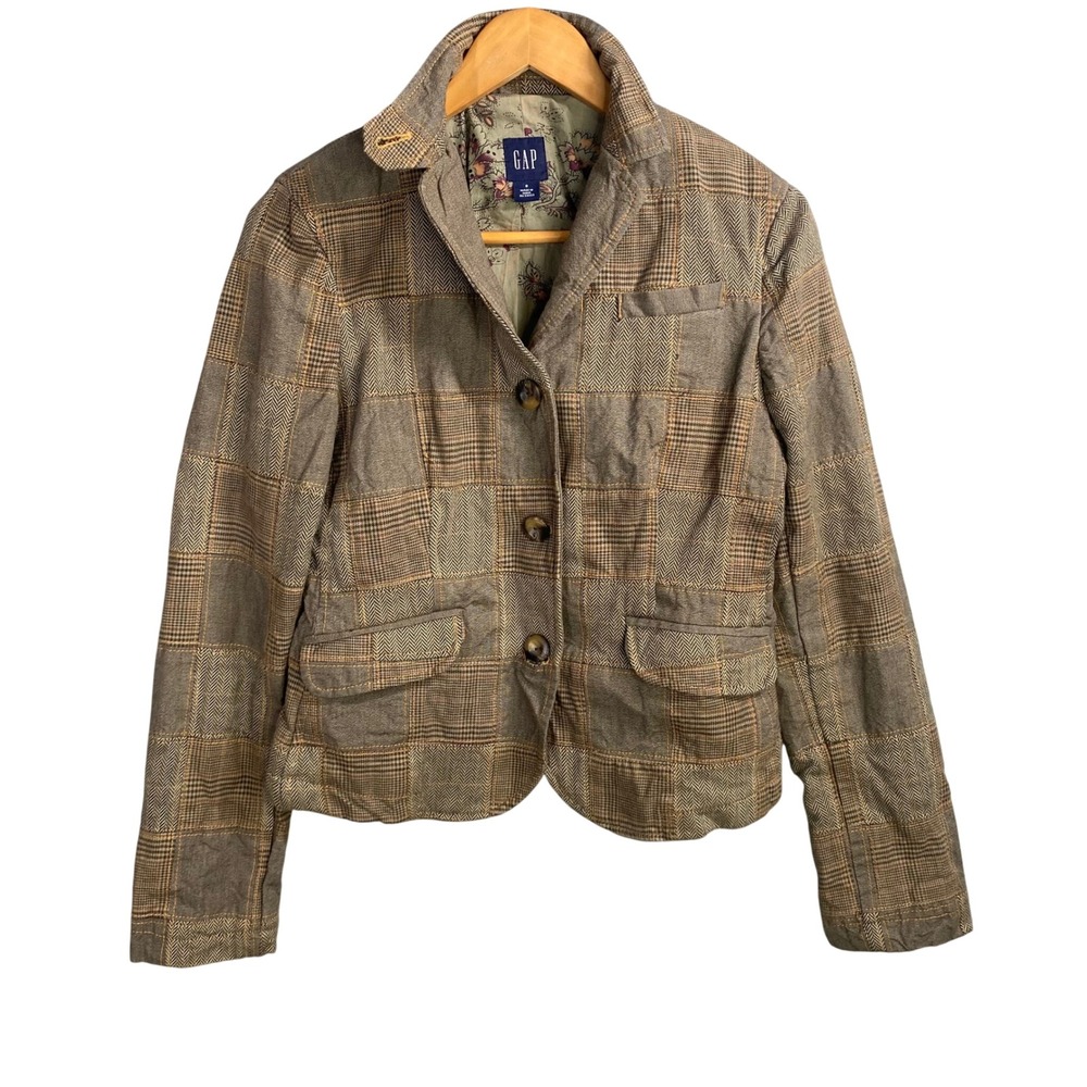 GAP‎ Patchwork Plaid Blazer Womens 6 Brown Herringbone Preppy Heritage Vintage